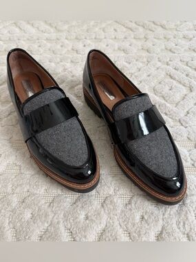 Halogen Leather Patent Penny Loafers Womens 7.5 Gray Wool Lug Sole Shoes Preppy